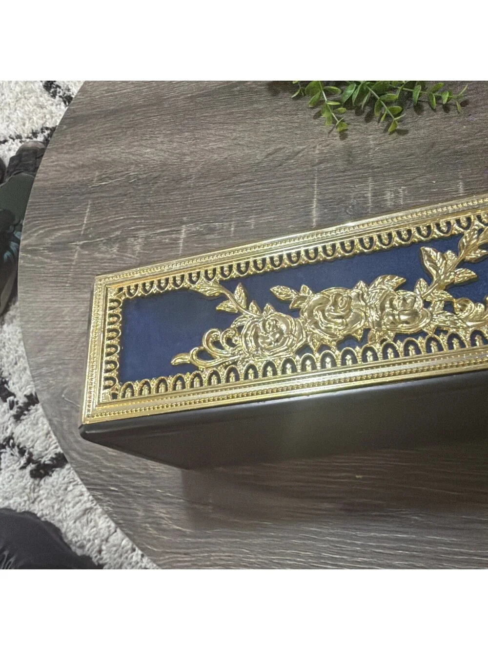 Hollywood Regency Vintage Blue & Gold Ornate Rose Tissue Box Cover Plastic